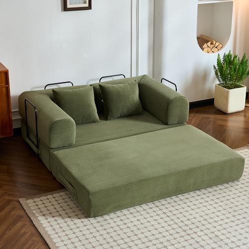 Convertible Sleeper Sofa Bed,Corduroy Folding Mattress Couch with Cylindrical Pillows,Metal Frame,High-Density Sponge,Reconfigurable Lounge Seat for Living Room Bedroom Apartment (Green,Loveseat) - color: Green, size: 59.06"L x 35.43"W x 26.77"H