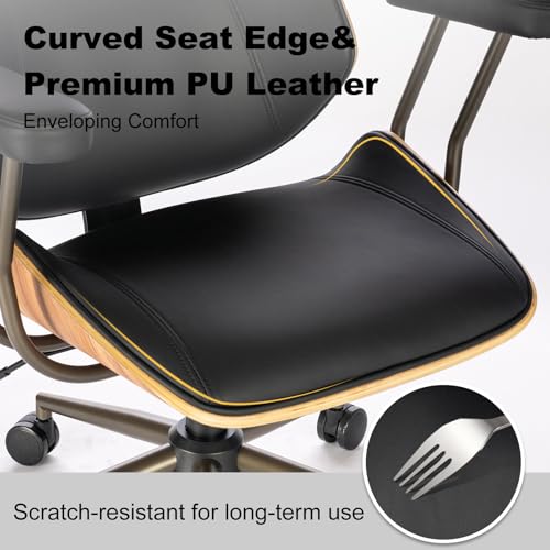 Mid Century Walnut Bentwood PU Leather Office Chair with Arms, Black | Curved walnut bentwood back & seat; removable armrests; PU leather upholstery; swivel & rolling; for home office & study - color: Black, size: 2-Section Back / No Headrest
