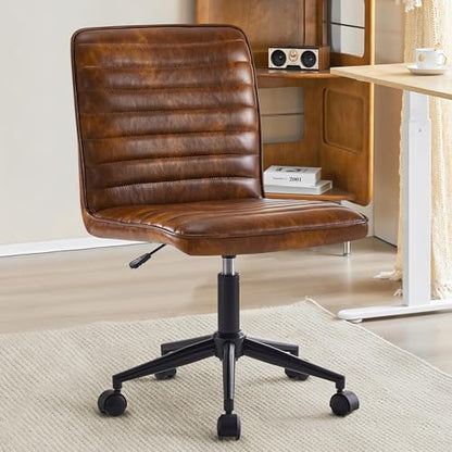 Furnimart Armless Swivel Rolling Desk Chair, Adjustable Faux Leather Vanity Chair with Gold Legs, Cute Task Chair with Wheels for Living Room Bedroom Studying Small Places (Leather-DustYellow) - color: Dust Brown-faux Leather