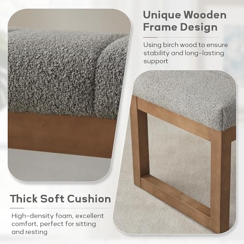 Zihanhome 52.7" Bedroom Bench for End of Bed, Modern Upholstered Teddy Fabric Entryway Bench & Dining Bench, Footrest Stool Bench with Solid Wood Frame for Bedroom, Living Room (Light Grey) - color: Light Grey