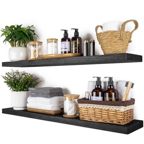 BGMG Wood Floating Shelves 36 inch Long,Wide Rustic Wooden Wall Shelves for Bathroom Living Room Bedroom Kitchen Farmhouse Set of 2-36x6.7x1.25 inch-Black - color: Black, size: 36 inch