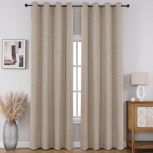 CUCRAF 100% Blackout Window Curtains 72 inches Long 2 Panels Set, Faux Linen Look Thermal Insulated Grommet Drapes, Room Darkening Curtain for Bedroom Living Room(W52 x L72 Inch, Light Khaki) - color: Light Khaki, size: 52"W x 72"L (Pack of 2)