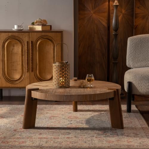 36.61'' Round Coffee Table Wood, Modern Unique Farmhouse Wooden Circle Coffee Table Contemporary Vintage Rustic Center Table Retro Tea Table for Living Room, Office, Apartment, Natural - size: 36.61''D×35.43''W×15.75''H