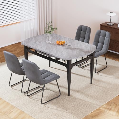 HIPIHOM 55‑Inch Extendable Dining Table Set with 6 Upholstered Chairs and Metal Frame for Dining Room - color: Grey/Grey