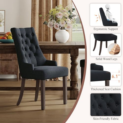 COLAMY Fabric Side Dining Chairs Set of 2, Wingback Upholstered Dining Room Chairs with Tufted Button, Living Room Chairs for Home Kitchen, Black - color: Black, size: Set of 2