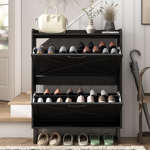 Maupvit Shoe Storage Cabinet with 2 Flip Drawers, Freestanding Organizer with Metal Legs for Entryway, Narrow Shoe Rack Cabinet, Black - color: Black, style: 2-Drawers