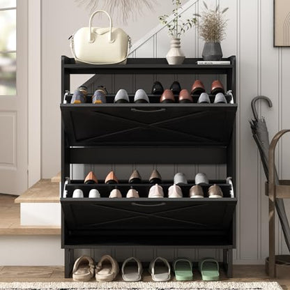 Maupvit Shoe Storage Cabinet with 2 Flip Drawers, Freestanding Organizer with Metal Legs for Entryway, Narrow Shoe Rack Cabinet, Black - color: Black, style: 2-Drawers