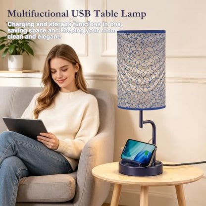 Dreamholder 2 Pack Table Lamp, Bedside Lamp with 3 USB Charging Ports & AC Outlet, USB Desk Lamp with 2 Phone Holders, Linen Fabric Shade Nightstand Lamps for Bedroom Living Room Office, Blue - color: Blue