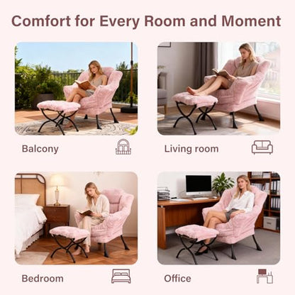 Modern Lazy Chair with Ottoman Lounge Accent Reading Chair for Living Room | Foldable Footstool,Removable Cover,with Armrests & Side Pockets,Upholstered Lounge Chair for Bedroom,Dorm,Office,Small Space - color: Plush Pink