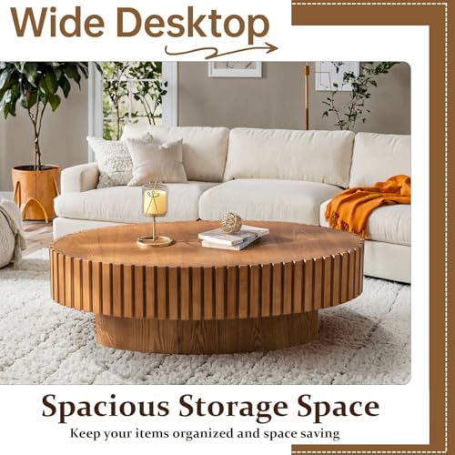 Oval Drum Fluted Coffee Table (E) | Modern Wood Coffee Table with Circle Pedestal Center Tables Fluted Accent Tea Tables for Apartment Living Room - color: E