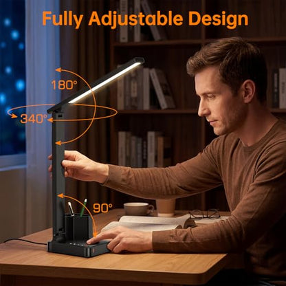 LED Desk Lamp USB A/C AC Pen Holder Dorm Home Office Desk Light Black | Adjustable LED Desk Light with USB A/C, AC Outlet, Pen Holder; Small Desk Lamp for Dorm, Study, Craft & Home Office - color: Black