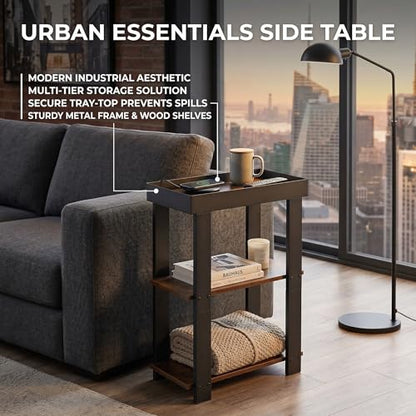 3-Tier Narrow Side Table with Tray Top,Slim Side Table,Rustic Brown | Rustic Farmhouse Narrow End Table with Storage, Modern Slim Table Nightstand for Small Spaces, Bedroom or Living Room - color: Rustic Brown