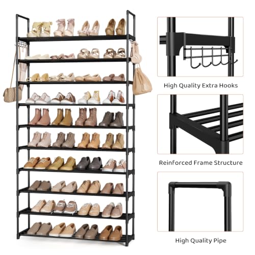 Shoe Rack for Entryway 10-Tiers Large Capacity Metal Shoe Rack Organizer with Two Hooks Holds 40-50 Pairs Shoes and Boots Free Standing Tall Shoe Shelf for Closet/Bedroom/Garage/Hallway Black