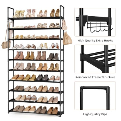 Shoe Rack for Entryway 10-Tiers Large Capacity Metal Shoe Rack Organizer with Two Hooks Holds 40-50 Pairs Shoes and Boots Free Standing Tall Shoe Shelf for Closet/Bedroom/Garage/Hallway Black