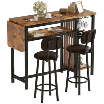 Recaceik 59" Bar Dining Table Set for 2, Bar Table and Chairs Set, Expandable Counter Height Dining Table Set, Small Kitchen Bar Table with Wine Racks & Storage, Breakfast Nook Set for Small Space - size: 59 inches