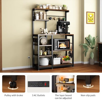 Large Bakers Rack with Power Outlet, Coffee Bar & Microwave Stand | Bakers Rack with Power Outlet, Coffee Bar Station & Microwave Cart, Metal Kitchen Storage Shelf with Wheels - color: Rustic Brown