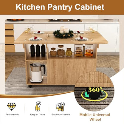 KEIKI 47 Inch Foldable Dining Table, Multi-Functional Folding Table with Storage Shelves and Wheels, Drop Leaf Extendable Dining Desk, Versatile Foldable Side Table for Kitchen, Dorm, Office, Walnut - color: Walnut