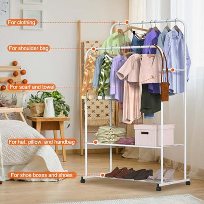 Double Rod Garment Rack with Wheels, Heavy Duty Clothing Racks for Hanging Clothes, Multi-functional Rolling Clothes Organizer, Portable Clothes Rack - size: 19.7"D x 31.3"W x 62.6"H