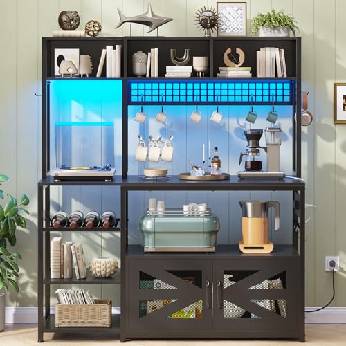 Itaar 47.2 Inch Bakers Rack with Power Outlet, Microwave Stand with Storage, Farmhouse Coffee Bar Cabinet Station with Wine Rack, Iron Mesh and 8-S Hooks (Black) - color: Black
