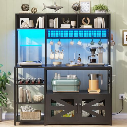 Itaar 47.2 Inch Bakers Rack with Power Outlet, Microwave Stand with Storage, Farmhouse Coffee Bar Cabinet Station with Wine Rack, Iron Mesh and 8-S Hooks (Black) - color: Black