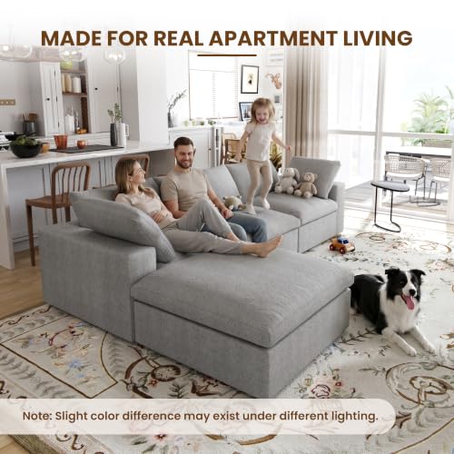 118" Cloud Modular Sofa, Convertible Modular 3 Seater Couch, Cotton Linen Fabric Sofa for Living Room, Apartment and Bedroom, Removable Covers, 2 Pillows, Grey - color: Grey, size: 3-Seater