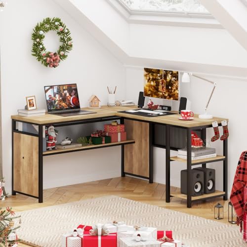 L Shaped Computer Desk with Wood Shelves, Industrial Rustic Home Office Corner Desk with Metal Legs (Rustic Oak, 59 Inch) - color: Rustic Oak