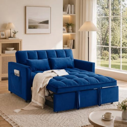 Sleeper Sofa Bed with Adjustable Backrest & Side Pockets, Blue | Adjustable Backrest & Side Pockets,Pull Out Sofa,Comfortable Fabric - color: S-blue-4pa