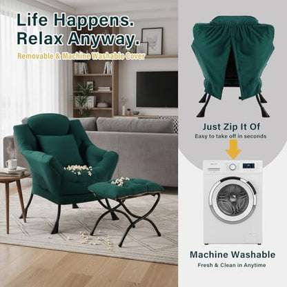 Lazy Chair with Ottoman, Comfy Reading Chair for Bedroom, Green | Comfy Bedroom Accent Chair with Washable Removable Cover and extra throw pillow for Living Room Dorm - color: Peach Dark Green-1