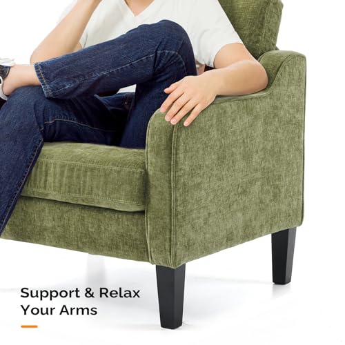 VINGLI Chair Olive Green Upholstered Chenille Accent Chair for Living Room, Bedroom, Mid-Century Modern Arm Chair Comfy Reading Chair with Scooped Arms - color: Olive Green
