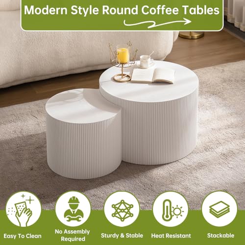 18 inch Round White Fluted Nesting Coffee Table Set of 2, B Small | Spray Painting Finish, For Living Room, Nested Crescent Side Table, Nestable Design, Mid-Century Modern, For Small Spaces - color: White a Small