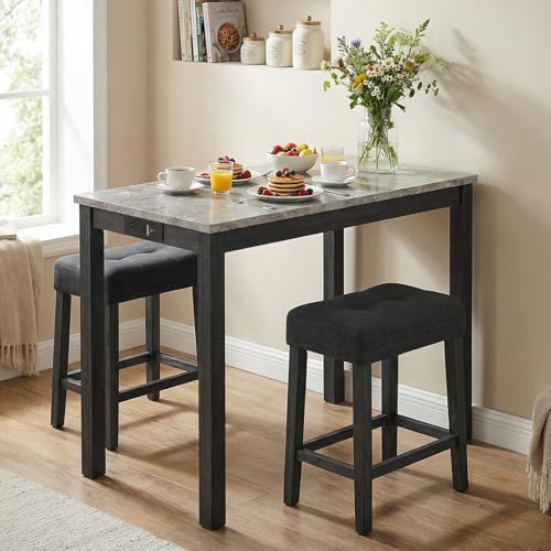 COSTWAY 3-Piece Wooden Bar Table Set with Charging Station | Modern Counter Height Table, Faux Marble Top, 2 Padded Stools, Console Table Set for Living Room, Kitchen, Dining Room, Gray - color: Grey