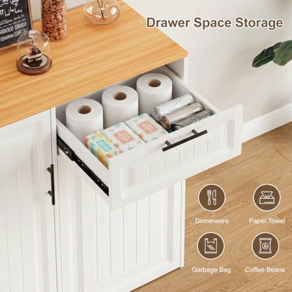 ZIFTY Pull Out Trash Can Cabinet with Storage, 13 Gallon Trash Can, White | Pet Proof, Freestanding Kitchen Cabinet, Drawer & Adjustable Shelf, Garbage Recycling, Modern Farmhouse Waste Bin Furniture - color: White, size: 34.3"W X 16.3"D X 33.5"H