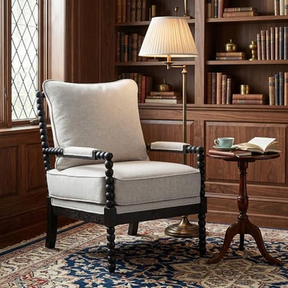 DUHOME Linen Fabric Spindle Accent Chair with Wood Frame,Bobbin Chair with High Resilience Spring Cushion and Armrest Pads, Leisure Armchair for Living Room Bedroom Farmhouse Home Office Belcony - color: Black+cream, size: 1 pc