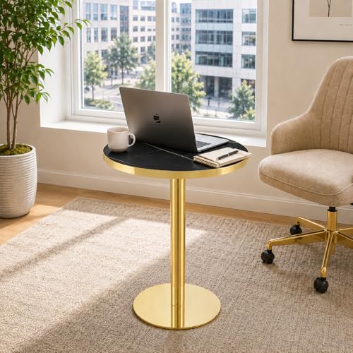 TesNus 23.6" Small Round Dining Table for 2, Circle Tulip Table, Faux Marble Top with Gold Metal Pedestal Base, Modern Leisure Coffee Table for Small Spaces, Cafe, Office, Black&Gold - color: Black Top&gold Base