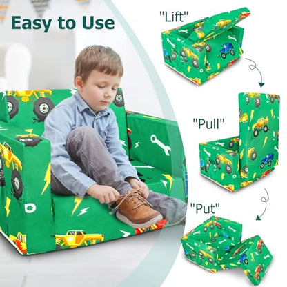 Kids Couch, 2-in-1 Kids Fold Out Couch | Convertible Sofa to Lounger for Girls and Boys, Soft Toddler Chairs Comfy 1-3 Years Old, Green Monster Truck - color: Green Monster Trunk
