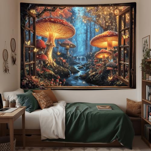 Accnicc Fantasy Window Mushroom Forest Tapestry 80x60 Inch | Fairy Jungle Large Tapestry Wall Hanging, Butterfly Stream Landscape Wall Mural, Ideal for Bedroom Dorm Living Room Decor - color: Red Brown, size: 80"L x 60"W