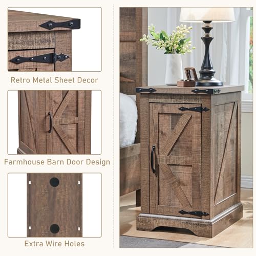 Farmhouse 17" Nightstand with Charging Station, Light Brown | Rectangular/ Rustic End Table with Barn Door /Adjustable Shelf/ Wood Sofa Side Table/ for Living Room, Bedroom - color: Light Brown Color