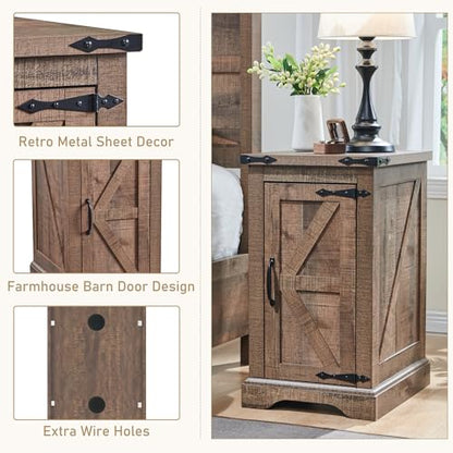 Farmhouse 17" Nightstand with Charging Station, Light Brown | Rectangular/ Rustic End Table with Barn Door /Adjustable Shelf/ Wood Sofa Side Table/ for Living Room, Bedroom - color: Light Brown Color