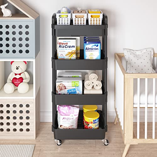 Calmootey 4-Tier Rolling Utility Cart with Drawer,Multifunctional Storage Organizer with Plastic Shelf & Metal Wheel,Storage Cart for Kitchen,Bathroom,Living Room,Office,Black | Space-Saving Organizer, Sturdy Plastic Shelves, Smooth-Rolling Metal Wheels,