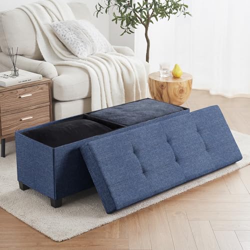 Ornavo Home 43" Large Storage Ottoman Bench with Legs, Navy Blue | Foot Rest Stool; Ottoman with Hidden Storage; Ideal for Bedroom, Living Room, Entryway or Home Office - color: Navy Blue, size: 15"D x 43"W x 15"H