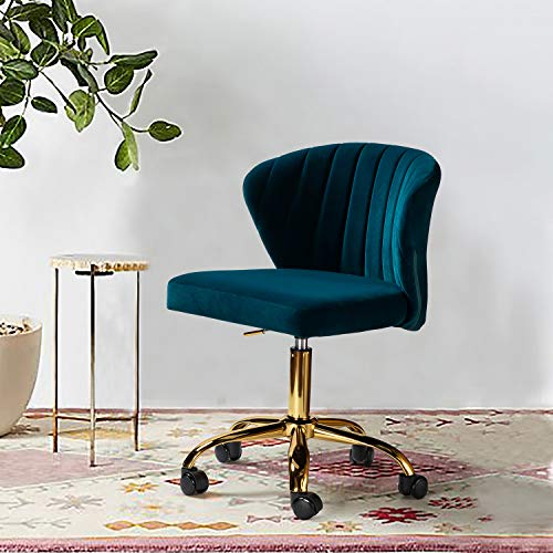 TINA'S HOME Office Desk Chairs with Wheels & Gold Base, Modern Velvet Cute Armless Office Chair, Adjustable Low Back Swivel Rolling Chair, Upholstered Task Chair for Living Room Vanity Study-Teal | Modern Velvet Cute Armless Office Chair, Adjustable Low B