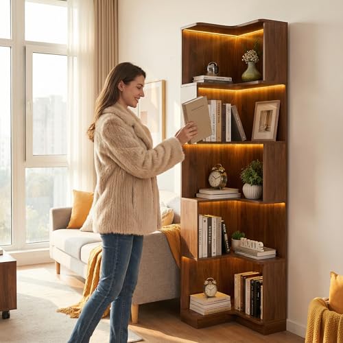 Corner Bookshelf, 5 Tier Tall Corner Bookcase with LED Lights, Freestanding L Shaped Open Display Shelf for Living Room, Bedroom, Home Office (Walnut) - style: Walnut-without drawers