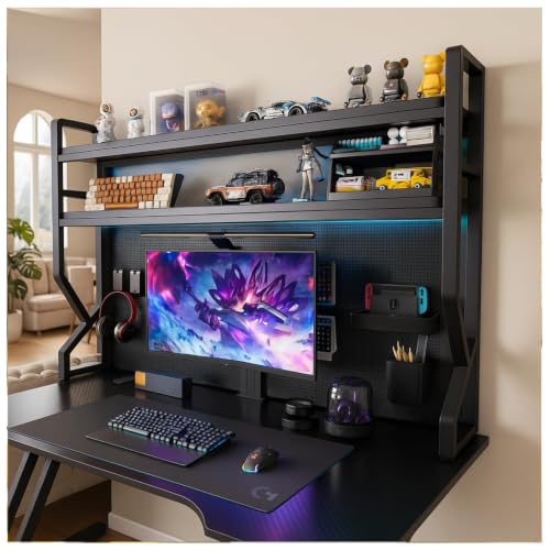 Desktop Hutch Bookshelf,Many Gifts,Metal Desktop Bookcase with pegboard, Desk Shelf, Countertop Storage Organizer Rack for Dorm or Office,Desktop Shelves (Black, 45.3" Lx9.9 Wx39 H) - color: Black, size: 45.3" Lx9.9 Wx39 H