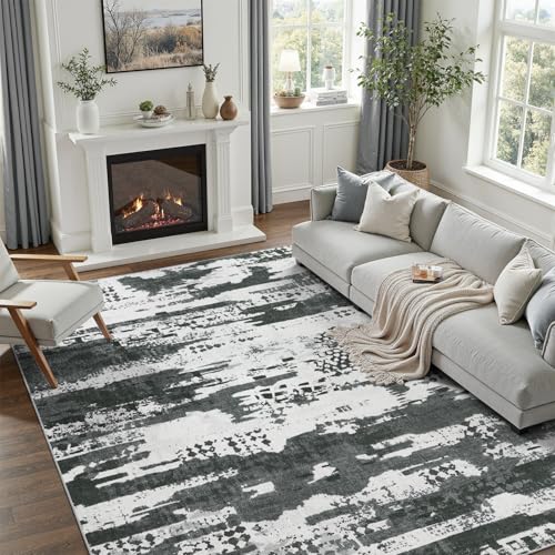 DCX Washable Abstract Area Rug 5x7, Non Slip Low Pile Rug, Black | Easy to clean, non-shedding, soft, kid & pet friendly, with a non-slip rubber backing for living rooms, bedrooms, and offices - color: Black & White, size: 5' x 7' (Rectangular)