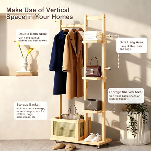 Solid Wood Clothes Rack with Wheels, Rolling Clothing Rack with 4 Shelves & 4 Hooks, Oak Coat Rack Freestanding Heavy Duty with Storage Basket, Coat Hanger Stand for Garment Bags Wallets Hats Shoes - color: Natural Wood