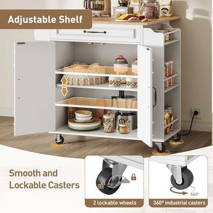 Kitchen Island with Power Outlets & Drop Leaf, Rolling Kitchen Cart on Wheels, Kitchen Storage Island with Spice Rack and Drawer, Mobile Island Table for Kitchen, Dinning, White and Natural - color: White + Natural