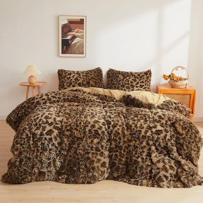 XeGe Cheetah Print Fluffy Faux Fur Duvet Cover Set, Twin, Leopard Brown | 2 Pieces Shaggy Farmhouse Fuzzy Bedding Set(1 Faux Fur Leopard Print Comforter Cover + 1 Furry Pillowcase), Zipper Closure - color: Cheetah Print Brown, size: Twin