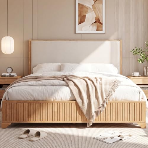 Queen Size Wood Platform Bed with Fluted Footboard & Fabric Upholstered Headboard, Low Profile Wooden Bed Frame with Wood Slats Support, Natural,White - color: Natural,white, size: Queen