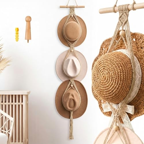 Macrame Hat Hangers Racks Boho Cowboy Hats Holders Western Display Organizer Storage decor Back of Door for Wall(Beige,Three Hats Style) - color: Beige, style: Three Hats Style