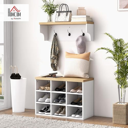 HOMCOM 2-in-1 Coat Rack Shoe Bench Set, 5-Hook Hall Tree with Bench, White | Shoe Storage for 9 Pairs of Shoes, Coat Rack with Bench, Entryway, Hallway